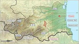 Boule-d'Amont sur une carte topographiqe des Pyrénées-Orientales.