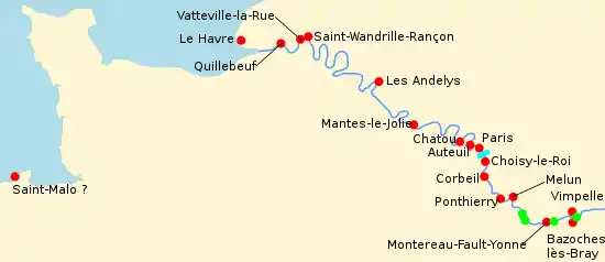 Carte en couleurs d'une partie du cours de la Seine mentionnant certains points notables sur ce trajet.