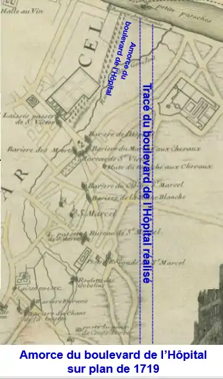 Plan de 1708 : allée tracée en 1687 abandonnée ensuite.