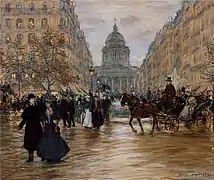 Peinture de Jean-François Raffaëlli du boulevard Saint-Michel, au croisement avec la rue Soufflot (1918).