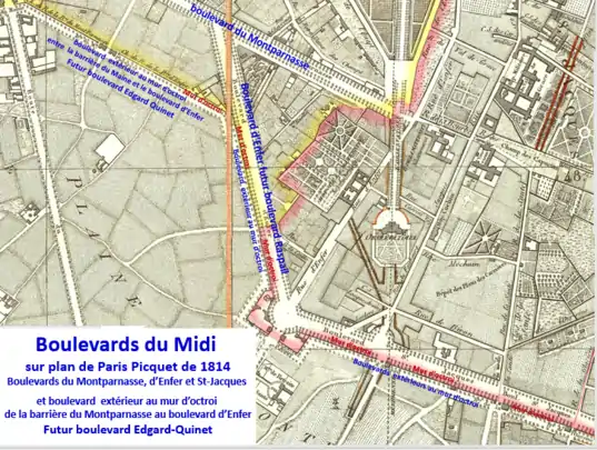 Boulevards du Midi et mur d'octroi en 1814 détail Montparnasse-St-Jacques