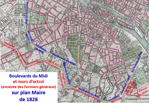 Boulevards du Midi et murs d'octroi en 1828 (ensemble rive gauche)