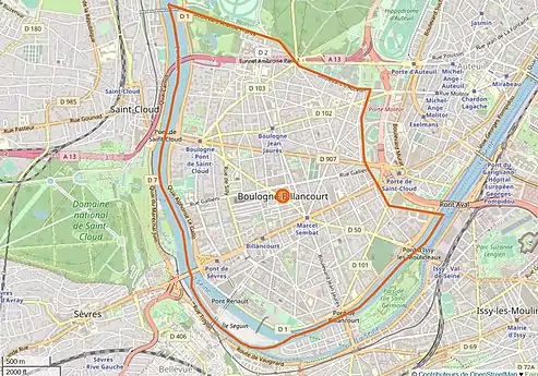 Carte de la commune de Boulogne-Billancourt dans son environnement géographique.