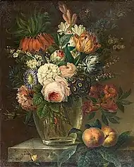 Bouquet fleurs et fruits sur un entablement