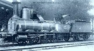 Locomotive Bourbonnais de la série 1513 à 2457 du PLM vers 1860 (détail d'une carte postale ancienne)