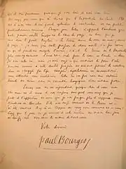 lettre manuscrite avec signature de Paul Bourget ; écriture souvent illisible.