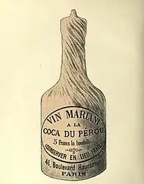 Bouteille de vin Mariani à la coca du Pérou enveloppée.