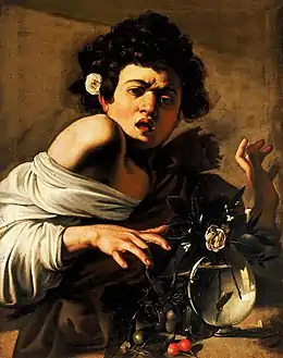 Peinture d'un jeune garçon en chemise blanche sur fond sombre, réagissant vivement à une morsure au doigt.