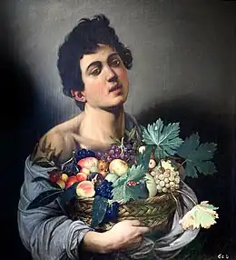Tableau représentant un jeune garçon portant un panier de fruits.