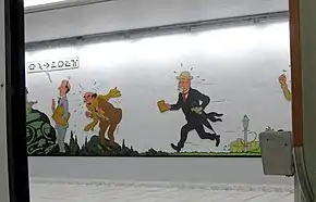 Fresque murale représentant trois personnages de bande dessinée.
