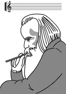 Caricature de Brahms tête penchée, crayon en main. Une portée vide au-dessus de lui.