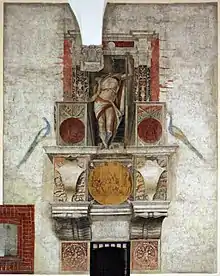 Image montrant un personnage central sans tête vêtu d'un manteau de peau animale, avec une canne dans une main et un caducée dans l'autre entouré de deux médaillons sur les côtés et en dessous entre deux blasons un médaillon central décoré.