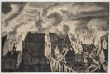 Incendie sur Elandsgracht, dessin (c. 1679 - 1690, Rijksmuseum Amsterdam).