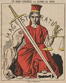 Dessin en couleurs représentant la magistrature tenant dans la main gauche une balance et ayant un bras droit disproportionnément grand et tatoué du monogramme napoléonien.