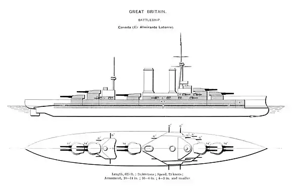 Almirante Latorre fut le dernier dreadnought sud-américain construit et était plus grand et mieux armé que ses homologues. L'agencement plus efficace des cinq tourelles de 14 pouces, montées dans l'axe plutôt qu’en échelon, permettait au navire de tirer une bordée sans endommager le navire,.