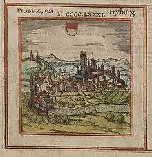 Gravure de 1572 de Fribourg de Georg Braun et Frans Hogenberg intitulée Civitates Orbis Terrarum, représentant la ville de Fribourg en couleur,