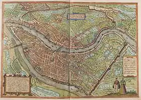 Carte couleur de Lyon, orientée vers le sud-ouest ; deux ponts y sont visibles, un sur chaque cours d'eau. Toutes la presqu'île et le Vieux Lyon sont urbanisés, mais pas les pentes des deux collines.