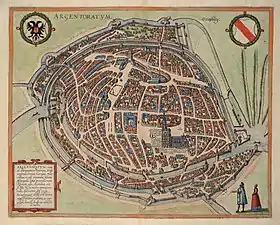 Braun & Hogenberg, plan de Strasbourg (vers 1572), eau-forte coloriée à l'aquarelle.