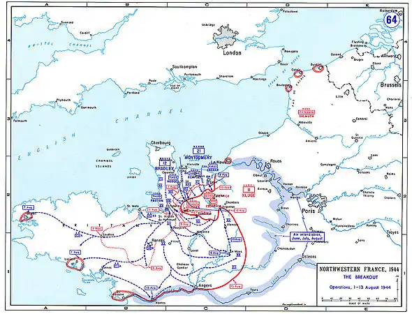 Patton se tourne vers l'Est et entame l'encerclement des deux armées allemandes dans la poche de Mortain. Le 25 août, ce sera Paris.