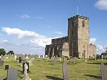 Photo d'une église de pierre grise entourée d'une pelouse semée de pierres tombales sous un ciel bleu.
