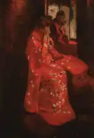 Fille en kimono rouge au miroir