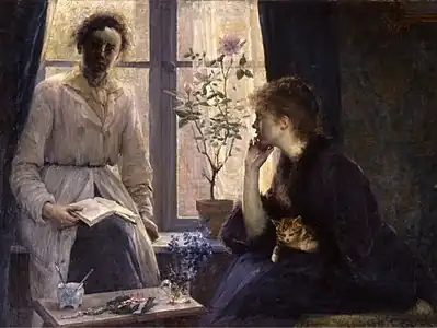 Contre-jour (ou Le Thé de Cinq Heures), Louise Breslau, 1883.  Musée des Beaux-Arts de Berne. Le tableau représente l'artiste à l'heure du thé avec sa compagne Madeleine Zillhardt.