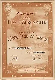 Brevet de pilote aéronaute décerné par l'Aéro-Club de France à Paul Tissandier (1904).