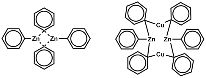 Exemples de complexes organozinciques à groupes phényle pontants.