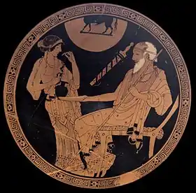 Coupe attique à figures rouges dite « coupe de l'Ilioupersis », vers 490 av. J.-C. Intérieur de la coupe : Briséis et Phoenix.