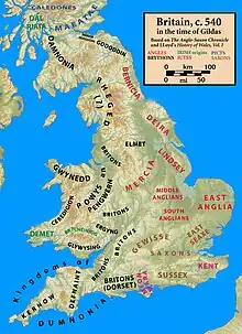 Les royaumes de Grande-Bretagne vers 540, à l'époque de Gildas.