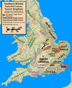 Carte situant les principaux royaumes britanniques, Anglo-Saxons à l'est et Bretons à l'ouest