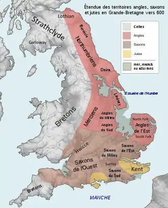 Carte de la Grande-Bretagne montrant le Nord de l'Angleterre dominé par les Angles, le Sud-Ouest par les Saxons, et le Kent et l'île de Wight par les Jutes. Les Celtes occupent encore l'Ouest de l'île et l'Écosse.