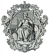 Vignette représentant une femme assise, tenant un trident dans sa main droite.