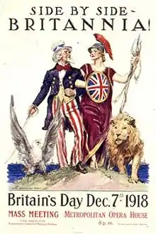 Britannia coude à coude avec l'Oncle Sam, symbole de l'alliance anglo-américaine lors de la Première Guerre mondiale.