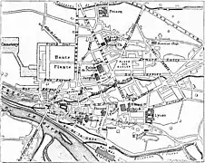 Plan en noir-et-blanc d'un quartier de ville au XIXe siècle.