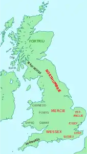 Carte de la Grande-Bretagne situant plusieurs royaumes.