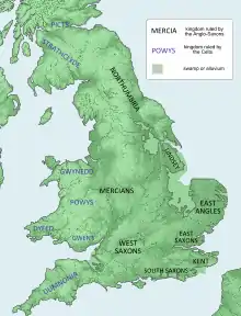 Carte de la Grande-Bretagne à l'époque de Wihtred situant les principaux royaumes.