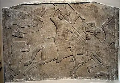 Cavaliers assyriens au combat. Bas-relief du Palais central de Nimroud, British Museum.