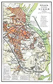 1890-1907 Plan de la ville de Kiev dans l'Encyclopédie Brockhaus et Efron.