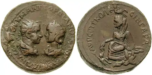 Tychē représentée sur une monnaie de bronze de Gordien III (r. 238 – 244).