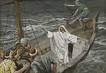 Barque sur mer déchaînée : les hommes entassés au pied du mas, le Christ en blanc, bras levé