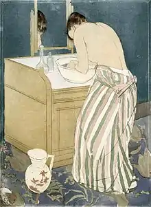 Peinture montrant une femme de dos à sa toilette, torse nu.