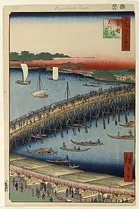 « Le pont de Ryōgoku et la grande berge » de la série les Cent vues d'Edo par Hiroshige, (8e mois, 1856 - Brooklyn Museum).