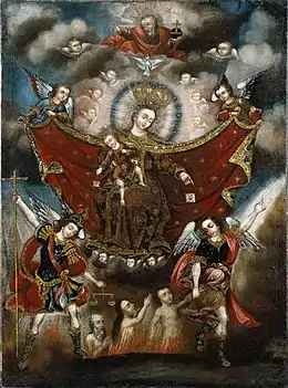 Pérou : entourage de Diego Quispe Tito, Vierge du Carmel sauvant des âmes au Purgatoire (XVIIe siècle, Brooklyn Museum).