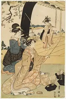Jeune samouraï et femmes pratiquant le tir à l'arc (moitié d'un diptyque), Utagawa Toyokuni, Japon, entre 1798 et 1802.