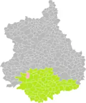 Position de Brou (en rose) dans l'arrondissement de Châteaudun (en vert) au sein du département d'Eure-et-Loir (grisé).