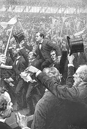 William Jennings Bryan porté par les délégués après son discours, illustration parue dans le McClure's Magazine en 1900.