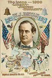 Affiche électorale comprenant la photo du candidat et plusieurs symboles américains