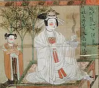 Donatrice bouddhiste et servante. Bannière datée 934, Tang. Détail, couleurs sur soie.H. 30 cm env. Musée Guimet