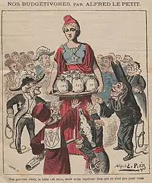 Dessin en couleurs représentant Marianne entourée d'un magistrat et d'un officier bonapartistes, d'un officier légitimiste et d'un jésuite en habit qui lui quémande les sacs d'or qu'elle tient sur son plateau.